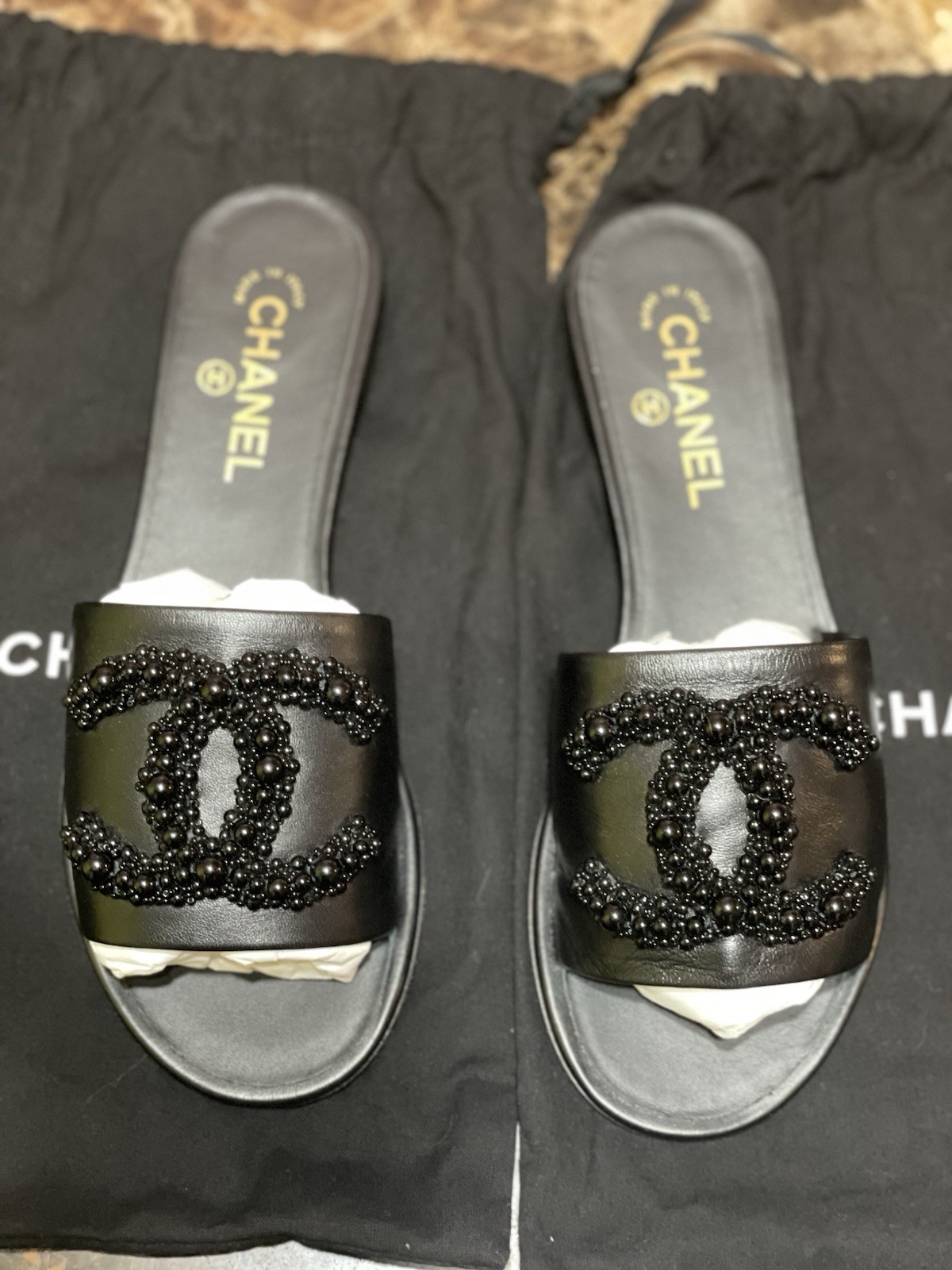 Chanel Black Lambskin Beaded CC Logo Mules / Slides – Size 39, Dust Bag