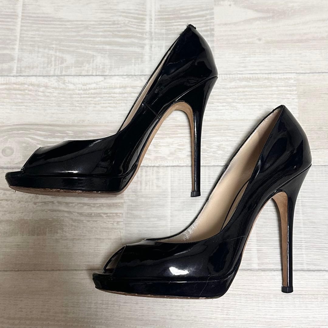 JIMMY CHOO patent open toe pumps black high heels 37.5
