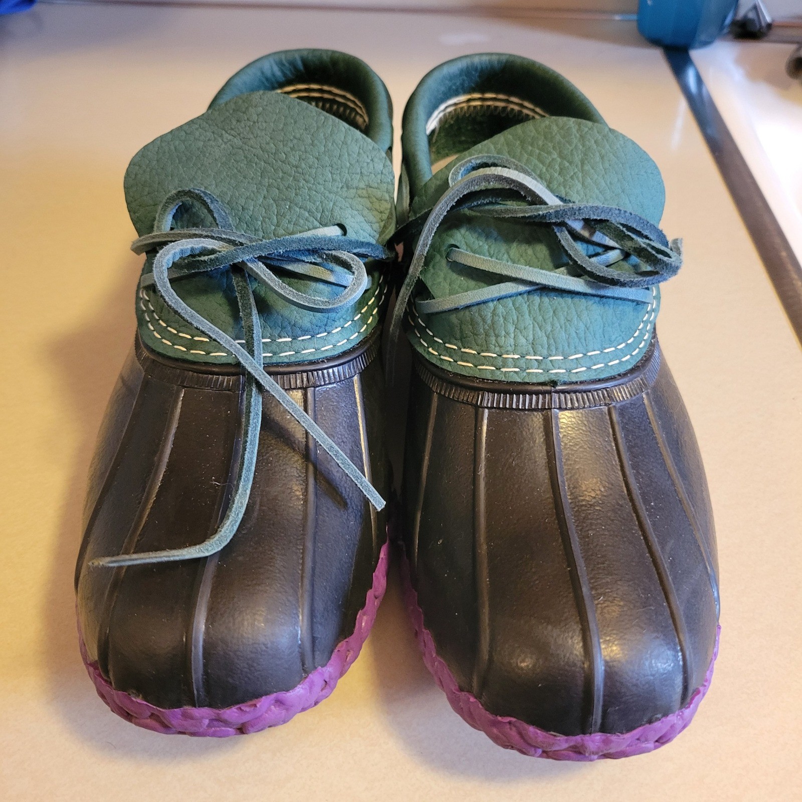 Rare VTG LL Bean Low Moc Duck Boots Sz 9 Teal Green Leather & Purple Maine Made
