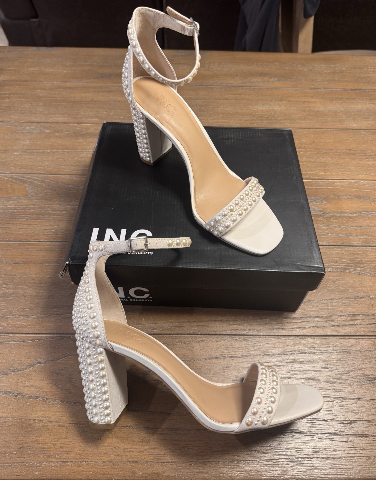 I.N.C. White Pearl Strappy Ankle Strap Open Toe Heels 9.5M