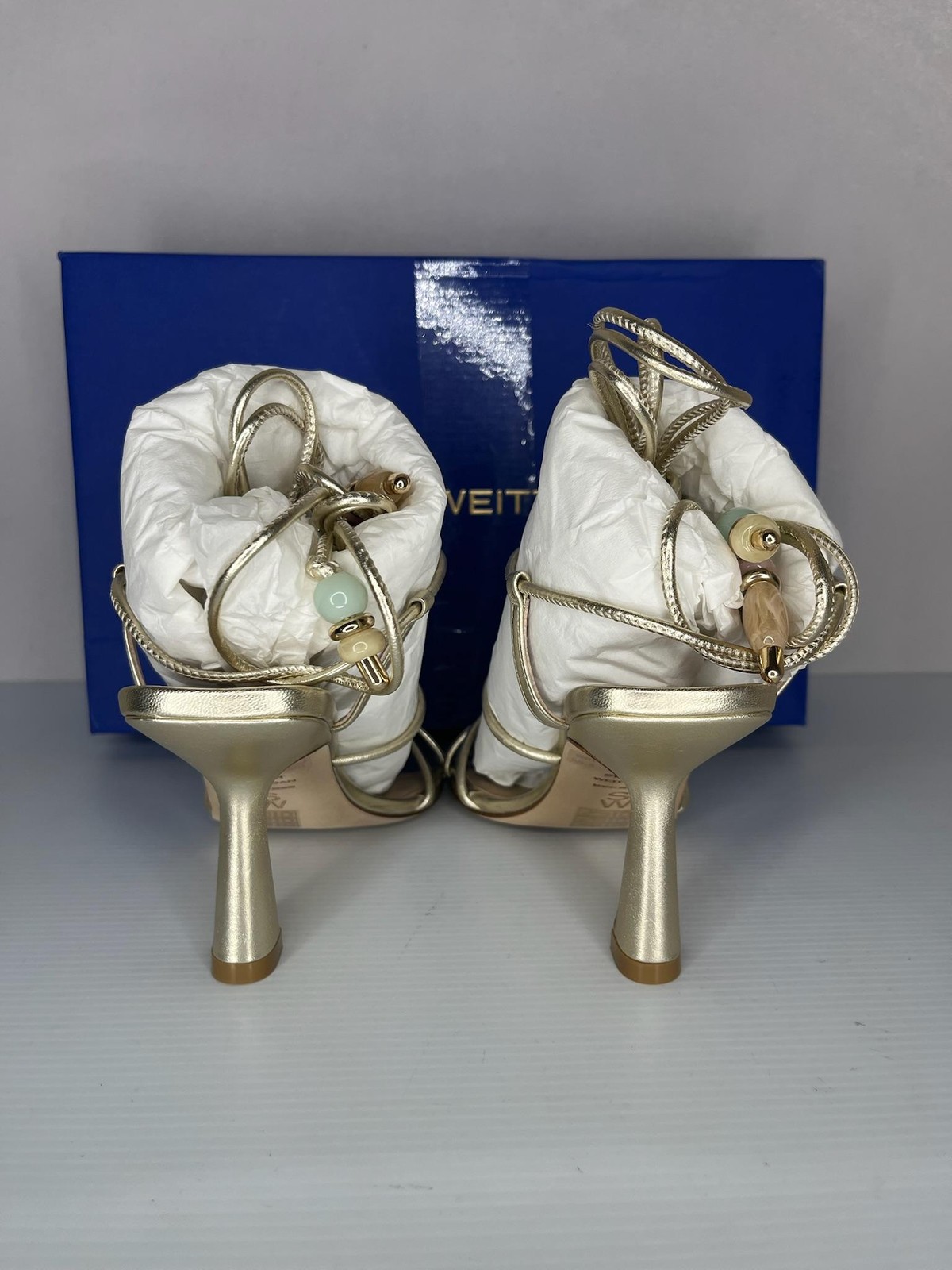 Stuart Weitzman Sandals Womens Size 6.5 Gold Majorca Wrap San 85 Beaded NEW Box