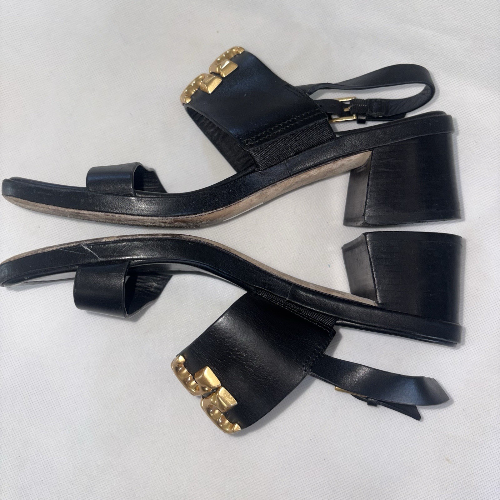 Tory Burch Eleanor Black Leather Block Heel Slingback Sandals US 6 Gold Logo