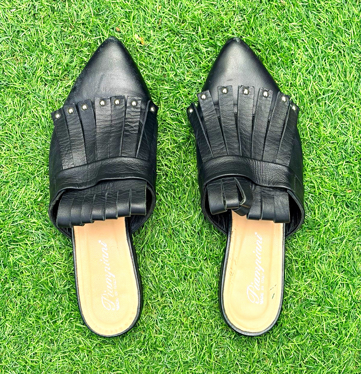 Piampiani Black Leather Pointed Toe Slip-On Slide Mule Flats Fringe Stud EU38