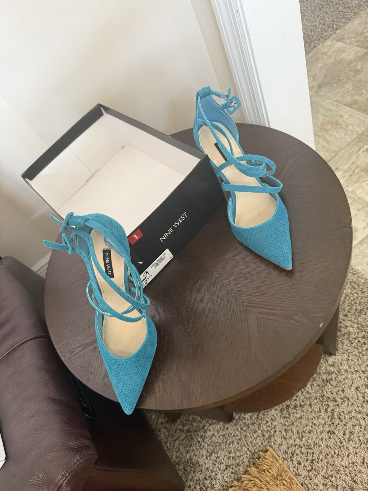 Nine West Blue Suede Strappy Ankle Strap Pointed Toe Stiletto Heels 9M
