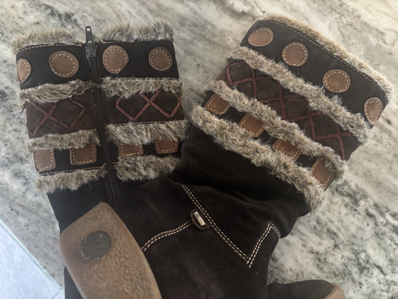 Hogl Vintage Gore-Tex Women’s Boots Suede Wedge Patchwork Fur Mid-Calf Austria
