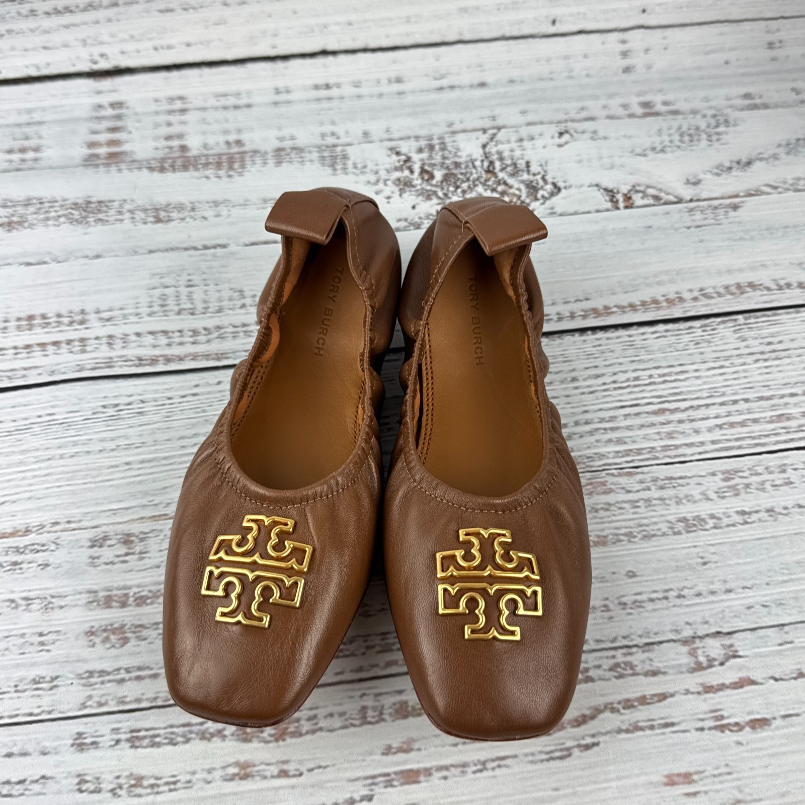 Tory Burch Britten Womens US 5M Ballet Flats Brown Leather Gold Logo