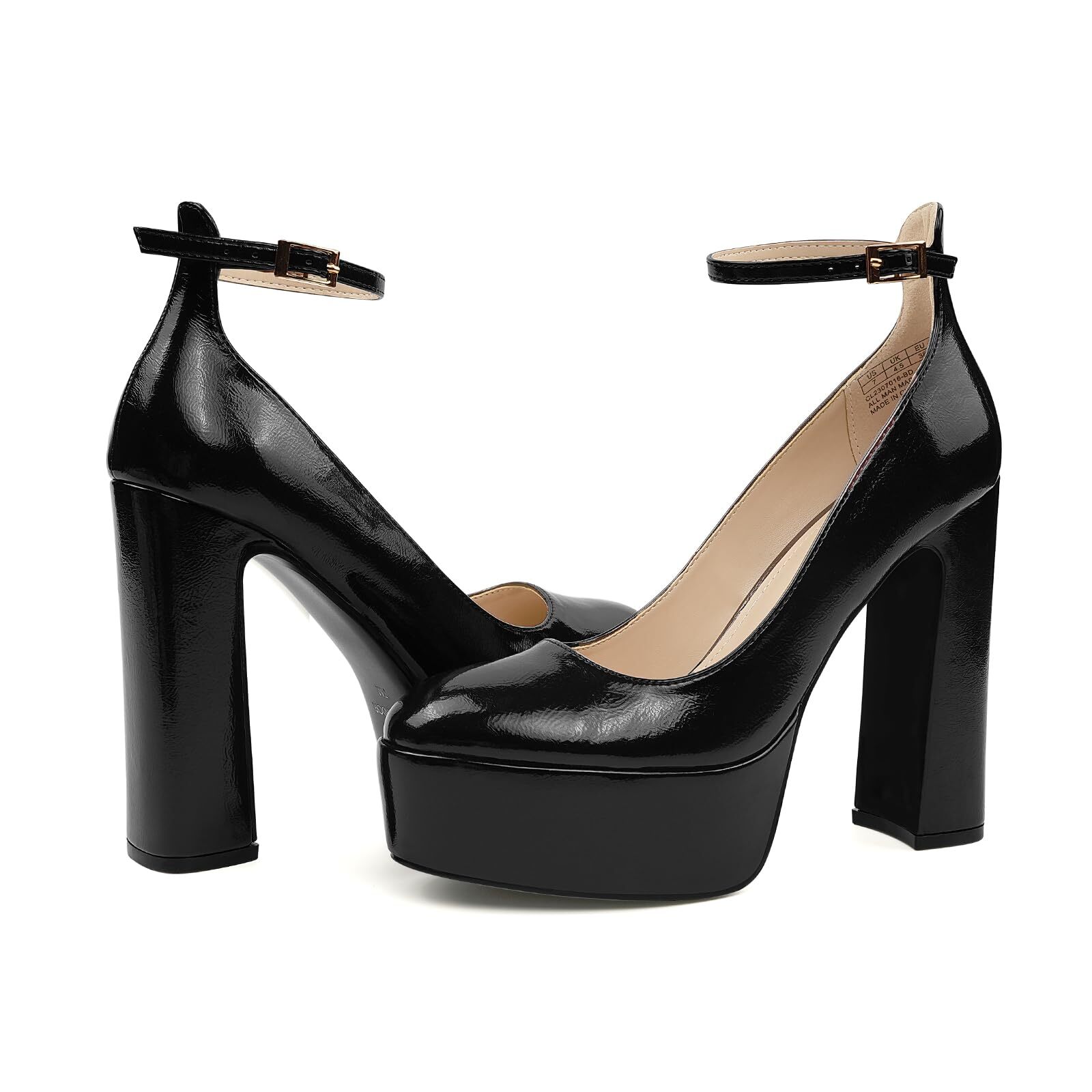 Platform Pumps 5″ Chunky High Heels Block Ankle Strap Closed Toe Party Shoes