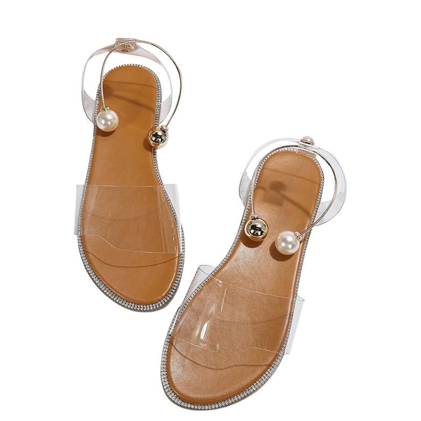 OYOANGLE Womens Pearl Decor Clear Straps Open Toe Flat Sandals Apricot Size 41