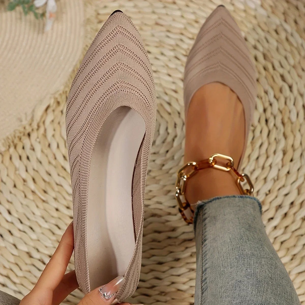 2024 Women Pointed Toe Knit Flats Slip On Office Casual Ballet Loafers Shoes