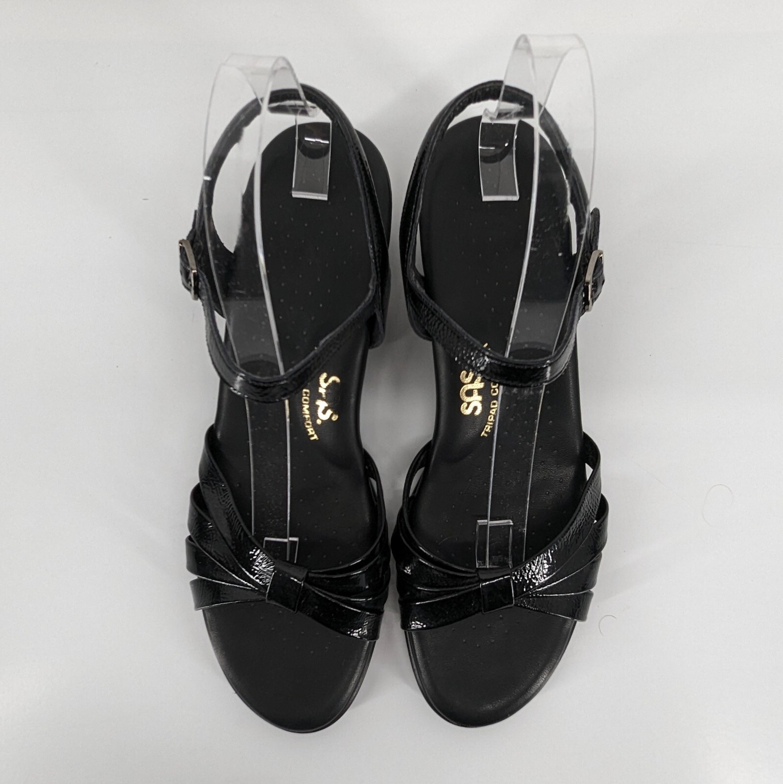 SAS Strippy Quarter Strap Womens Size 9 S Sandals Slim AAA Black Leather Wedge