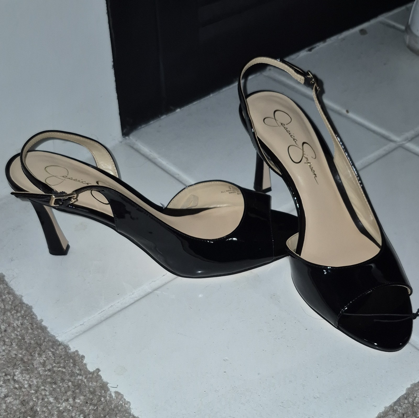 Jessica Simpson Black Patent Leather Peep Toe Slingback Heels Buckle 9.5