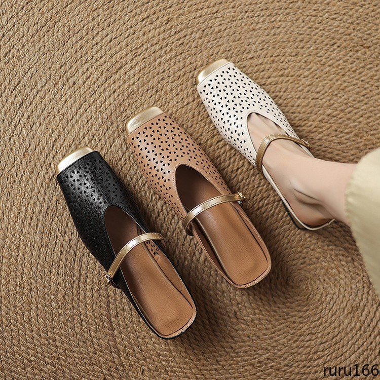 Womens Vintage Mary Jane Mules Square Toe buckle strap Cut Out Flats Daily Shoes