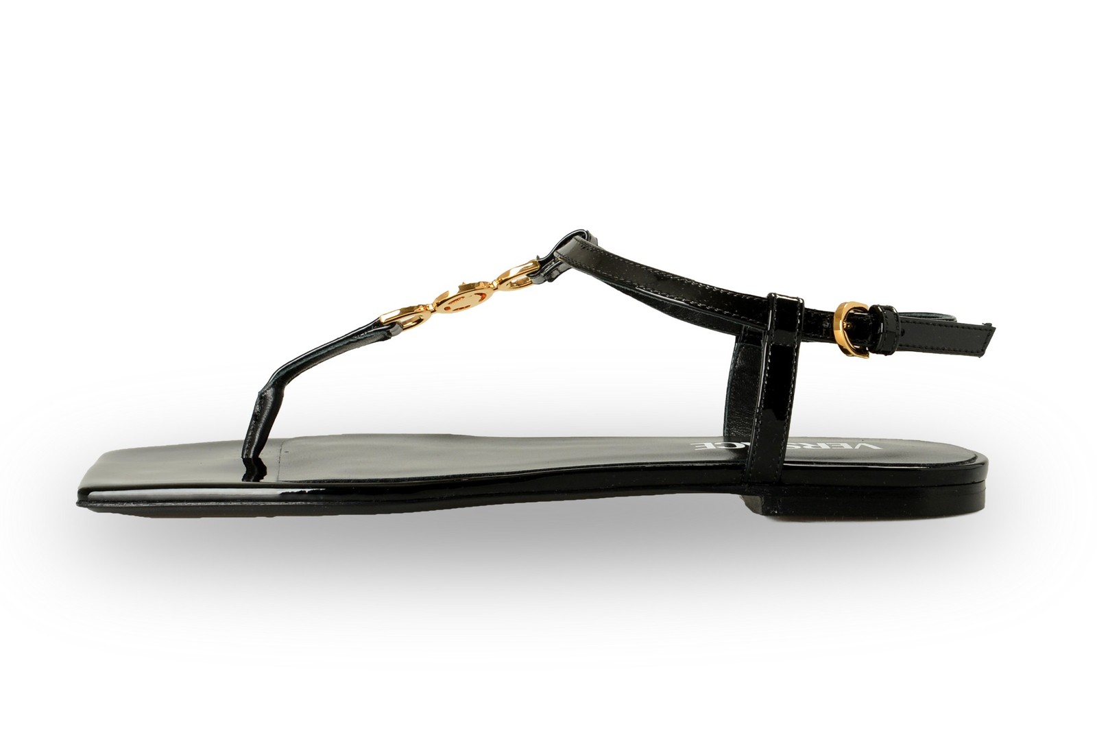 Versace Women’s Black Patent Gold Medusa Leather Flat Sandals Shoes US 6 IT 36
