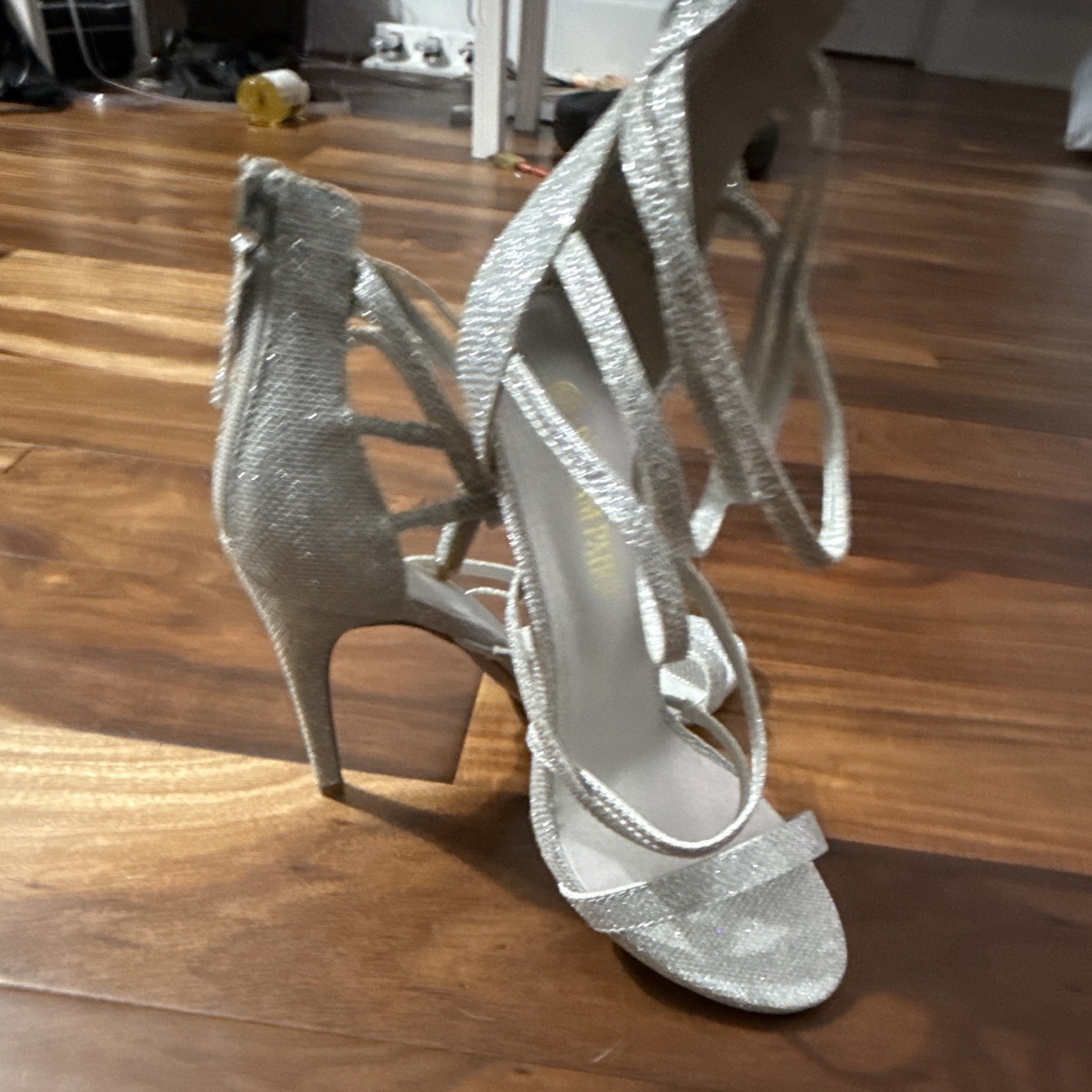 Dream Pairs Silver Glitter Strappy Open Toe Ankle Strap Stiletto Zip 9