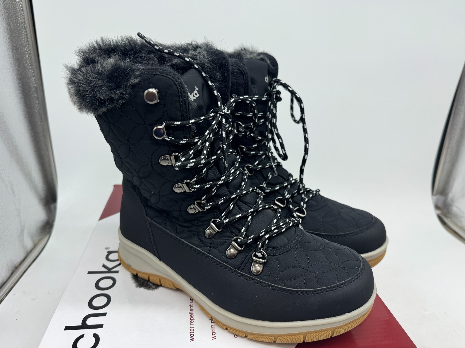 Chooka Belltown Winter Boots Women’s Black Round Toe Insulated Mid Faux Fur – 8