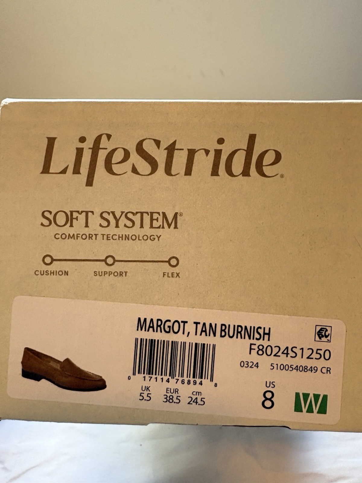 LifeStride Margot Loafers Women’s 8W Wide Tan Burnish Comfort Shoes Box