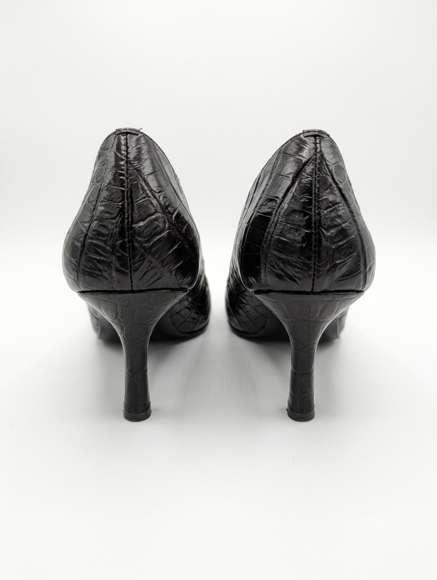 Y2K BP. Melrose Brown Croc Embossed Leather Pointed Toe Kitten Heels