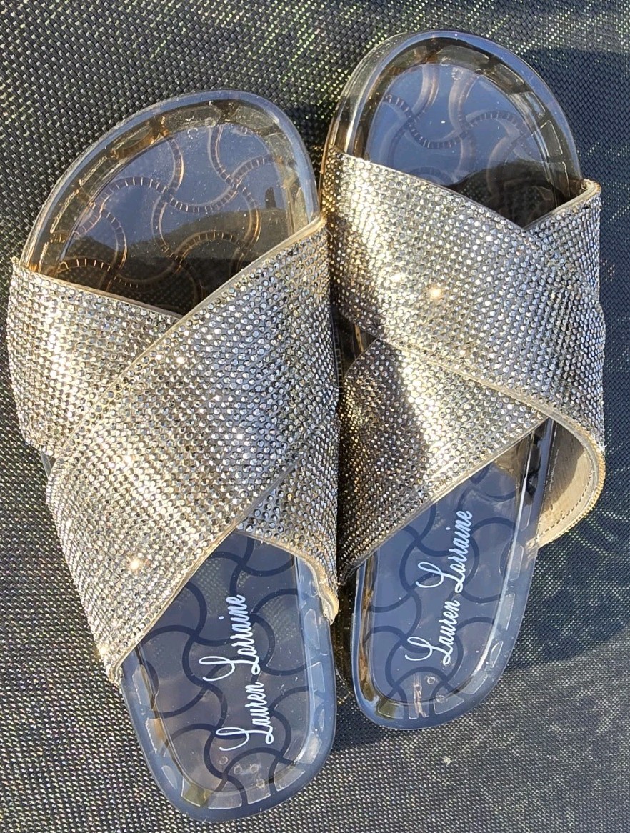 Lauren Lorraine Size 8 Sandals Black Jelly Glitter Slippers Glamorous Chic Shoes