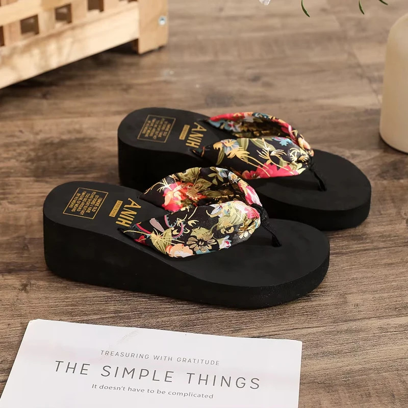 Women Summer Wedges Slipper Bohemian Satin Ribbon Female Flip Flop Ladies Beach