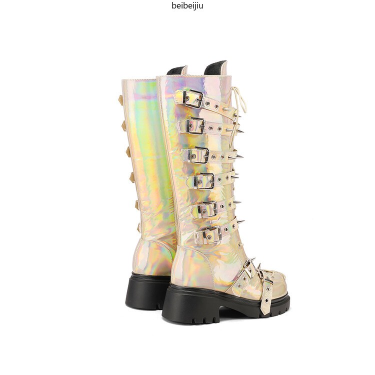 Women’s Punk Cosplay Mid Calf Boots Spike Studded Mid Block Heel Buckle Shoes Sz