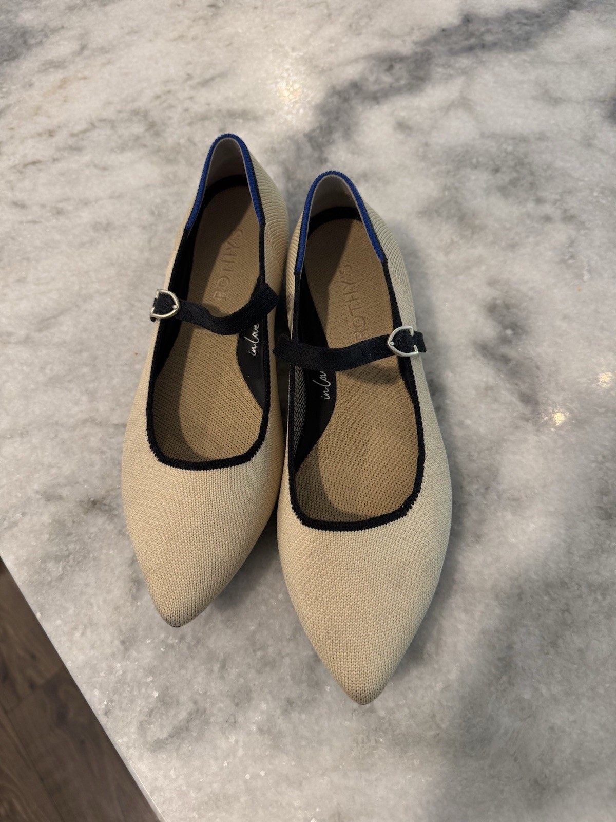 Rothy’s Pointed Toe Mary Jane Knit Flats Beige/Black/Blue Buckle Strap US 7