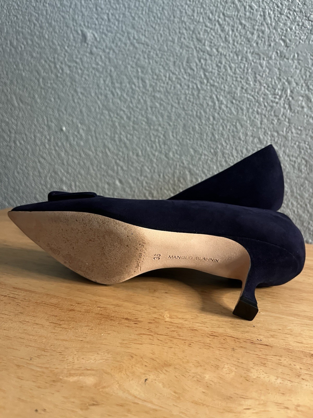 Manolo Blahnik Blue Suede Pointed Toe Pump Heels w/ Buckle Accent, US 6