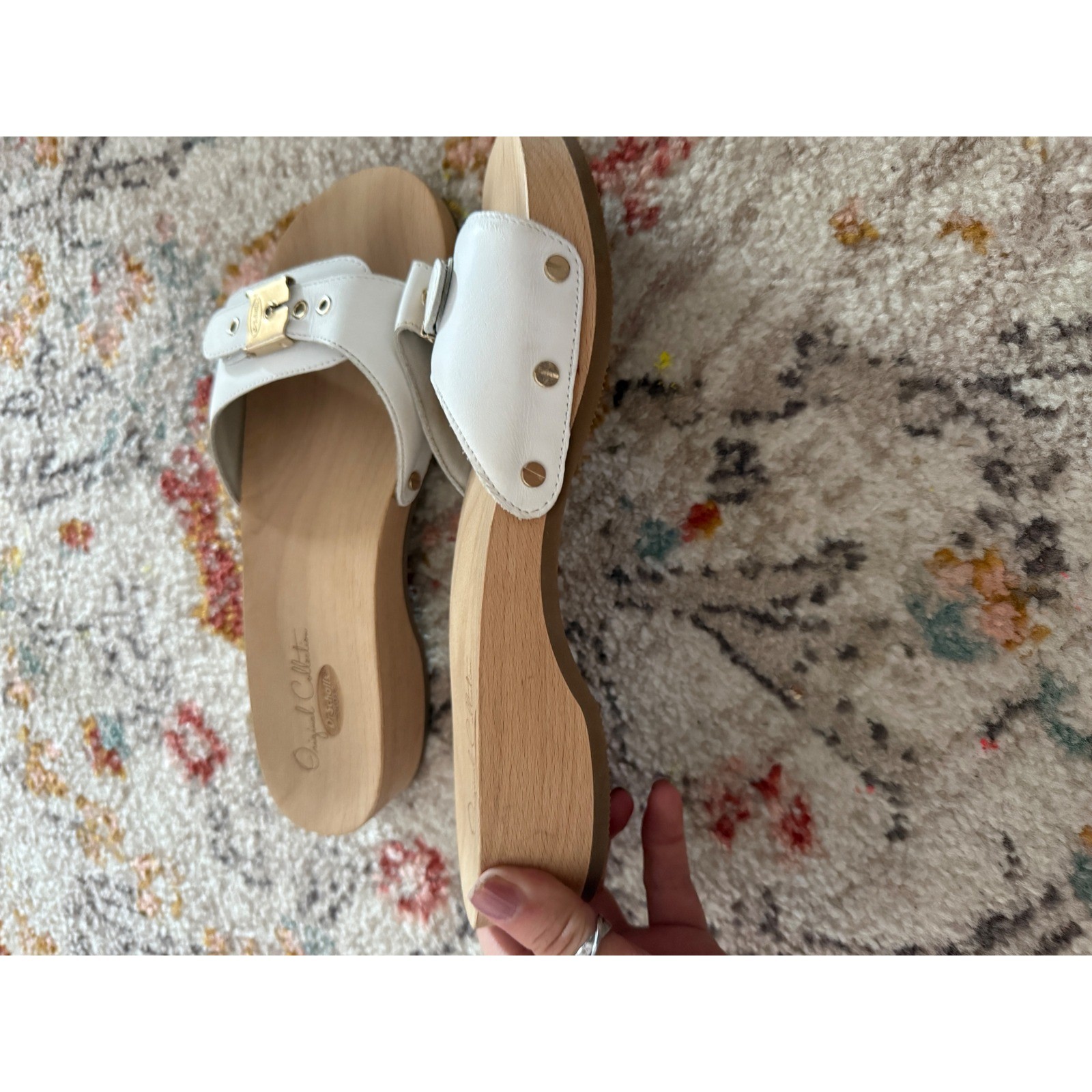 Dr. Scholls Original Collection White Leather Wood Sole Slide Sandals Size 9M