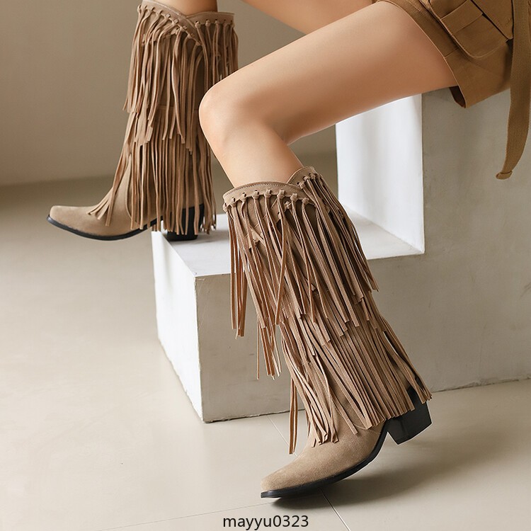 Womens Tassel Fringe Mid Calf Boots Mid Block Heel Western Cowgirl Shoes Hot