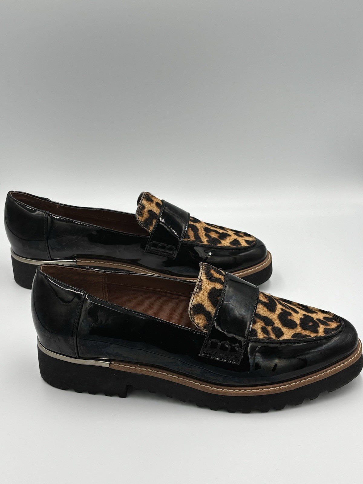 Franco Sarto Leopard Calf Hair Patent Leather Lug Sole Penny Loafers Women’s 7