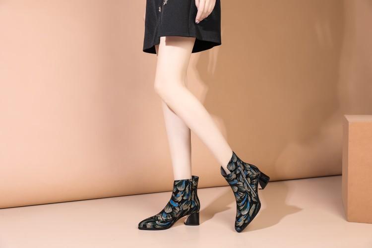 Women Fashion Elegant Formal Leather Printed Block Chunky Heel Date Ankle Boots