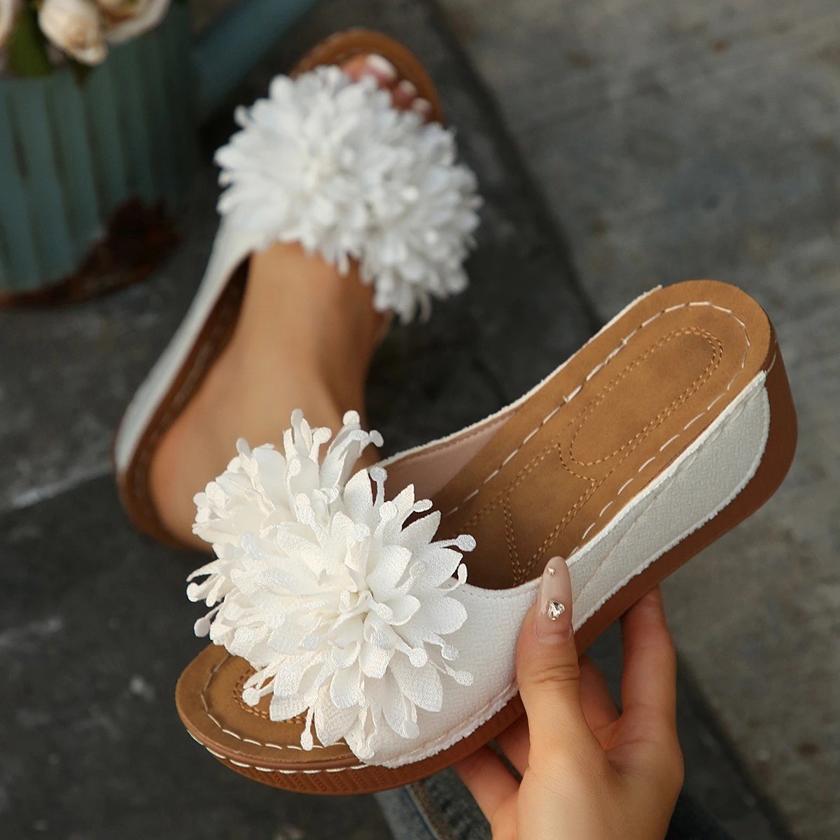 Women’s Flower Wedge Sandals Open Toe Slip-On Summer Platform Slides Casual