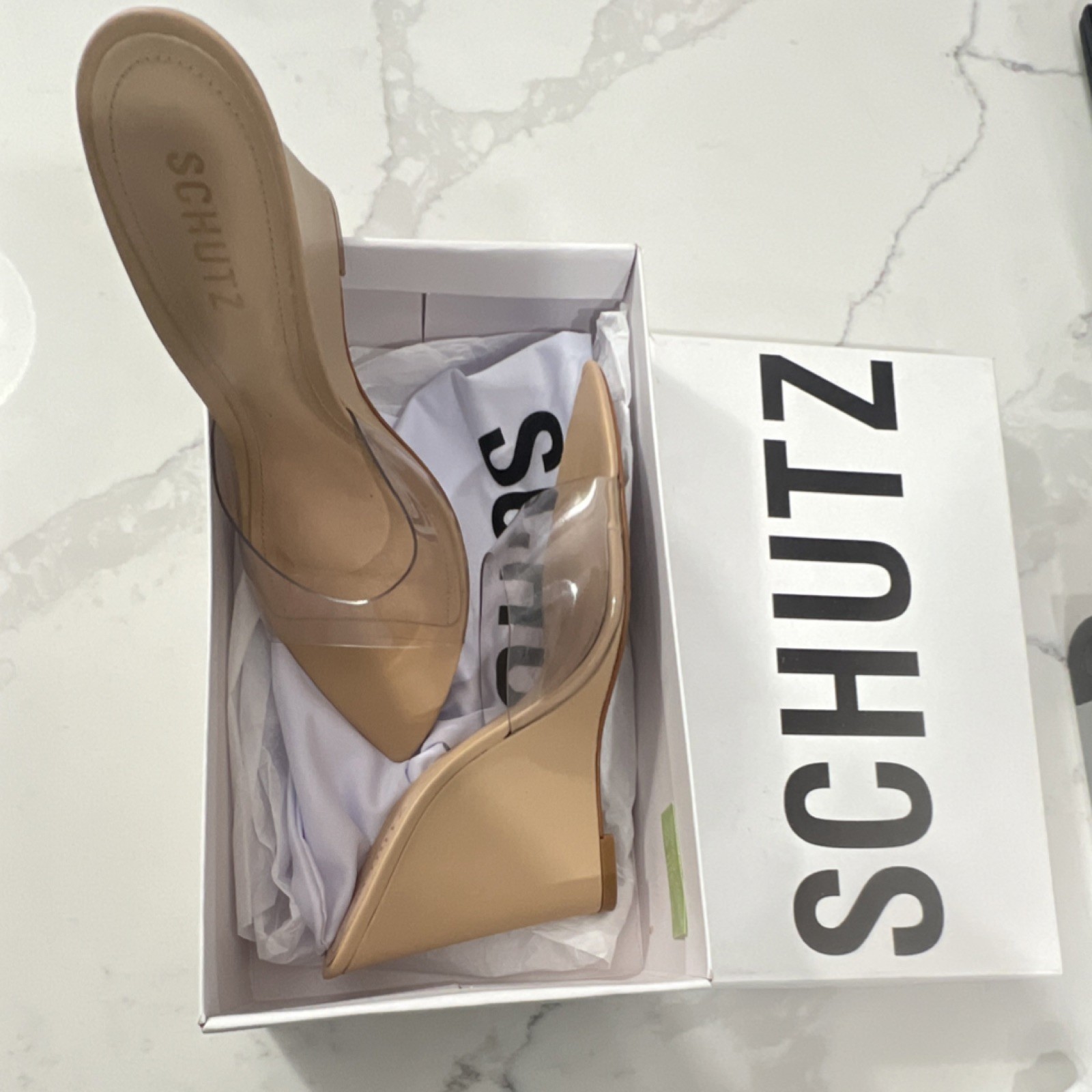 Schutz Women’s Strappy Vinyl Nude Clear Pointed Toe Wedge Heels 10.5