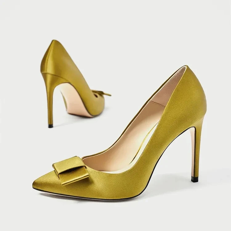 Gold Satin Pointed Toe Stiletto Heels Pumps with Bow ws1910681
