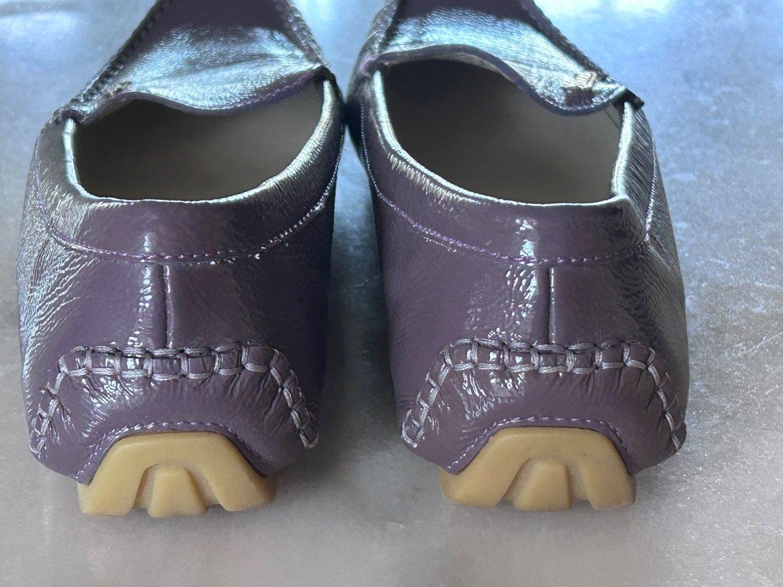 GUCCI Purple Patent Leather Script Logo Driving Loafers Shoes Womens 36 Italy