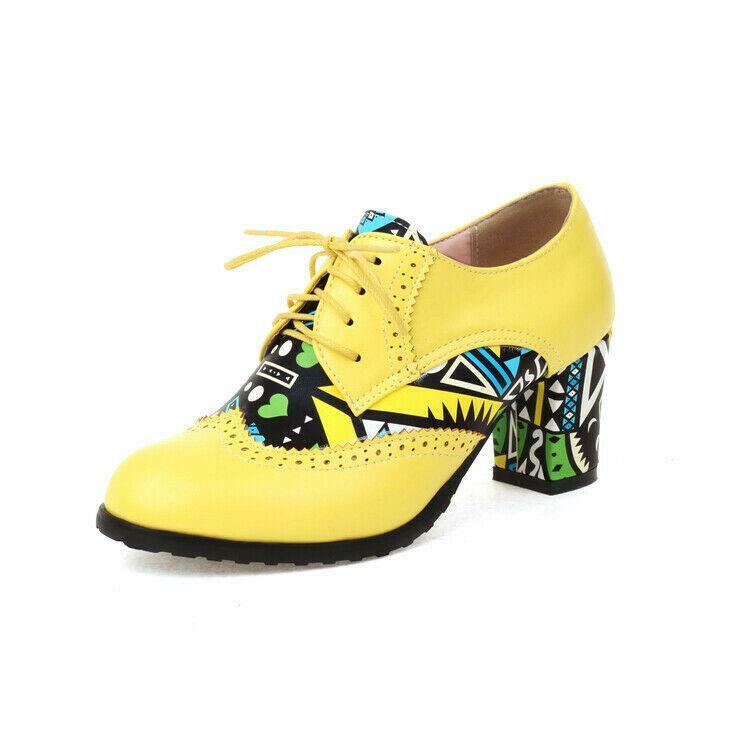 Splicing Women’s Faux Leather Block Heels Shoes Round Toe Lace Up Retro Fashion