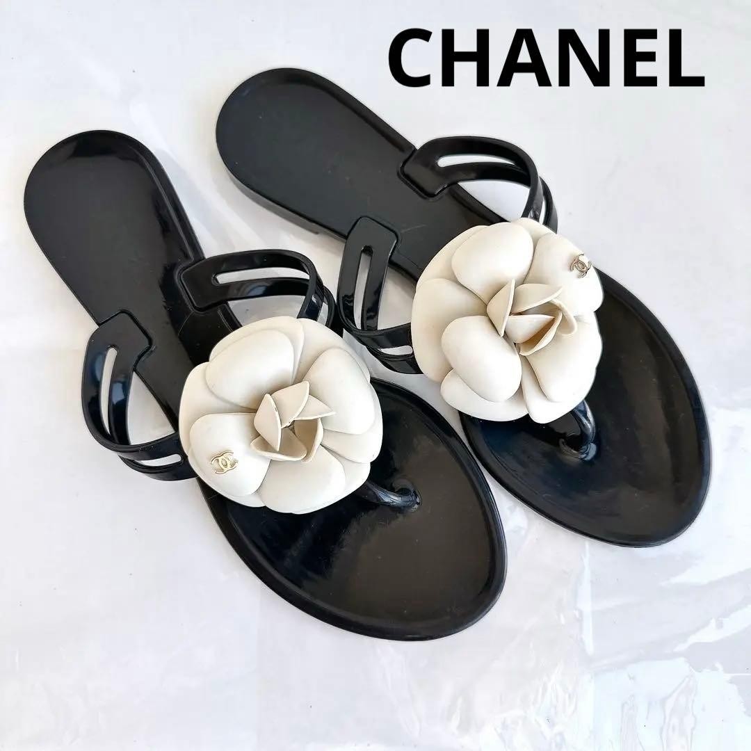CHANEL Camellia Flat Thong Sandals Size 36 23cm White Black Rubber