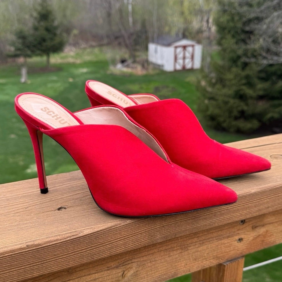 Schutz size 7.5 Docia Red Suede Designer Stiletto Pointed Toe Mules Heels