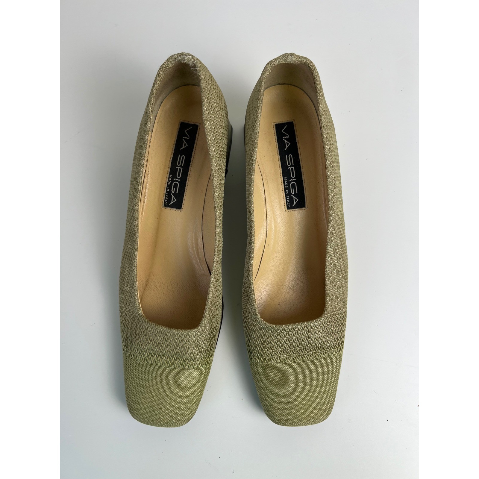 Via Spiga 90s Green Woven Square Toe Block Heel Pumps Made In Italy 9 M Preppy