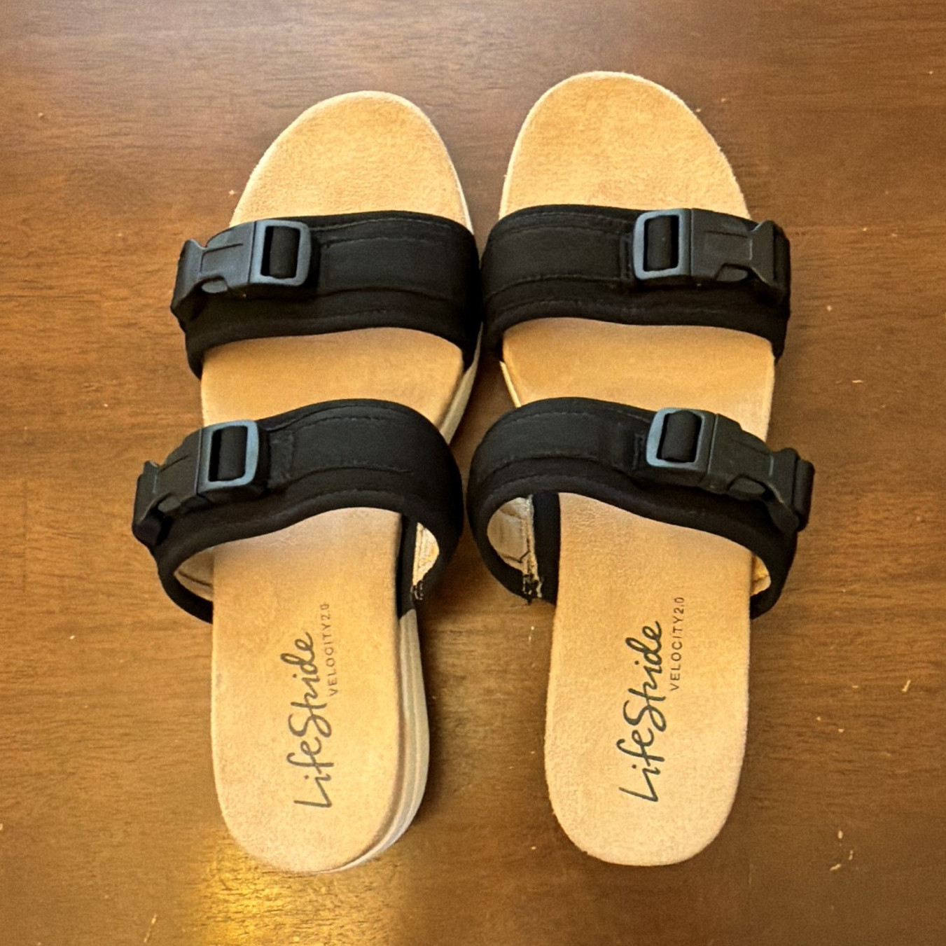 LifeStride Women’s Black Slide Sandals Double Buckle Straps Fabric Upper 10M