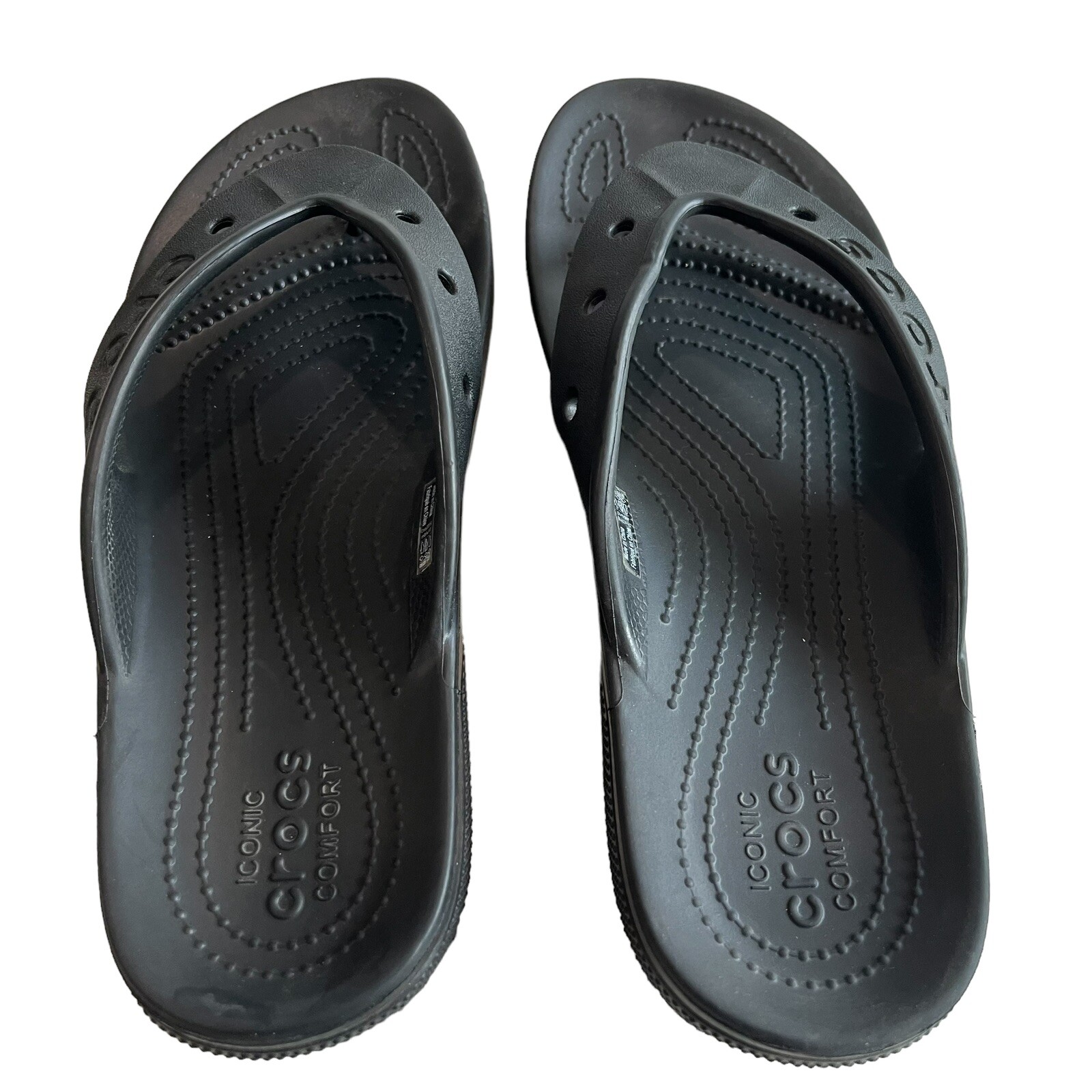Crocs Baya II Black Flip Flop Thong Sandals Die Cut Logo Women’s 10 / Men’s 8