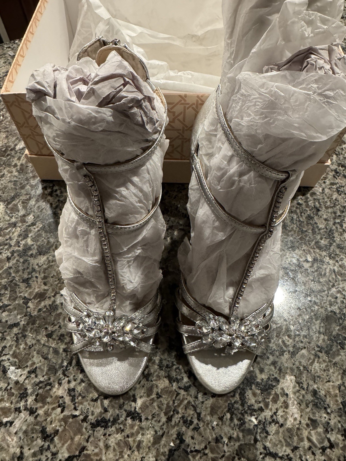 ** Never Worn ** Jewel Badgley Mischhka Women’s Silver Heels. Size 5.5
