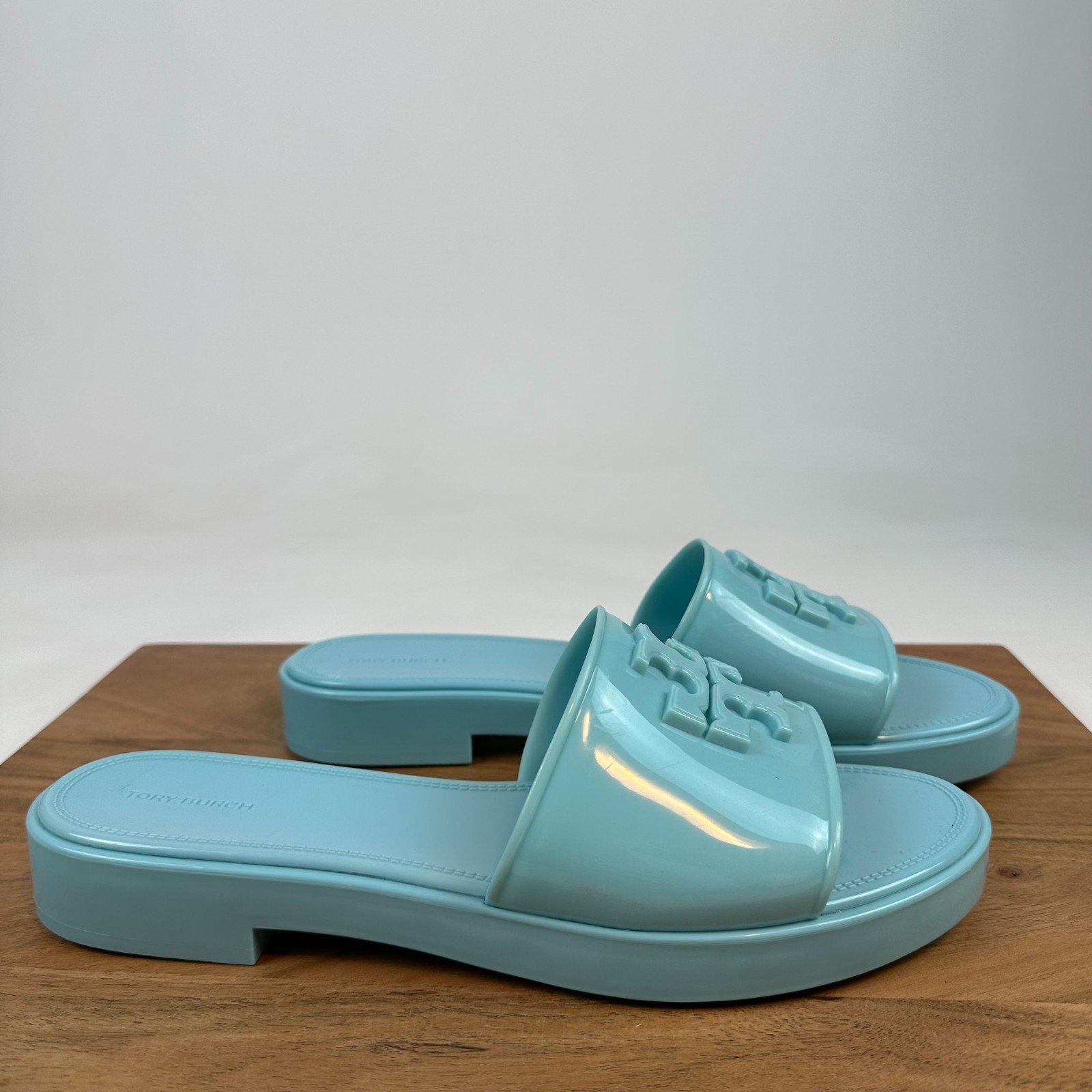 Womens Tory Burch Eleanor Jelly Blue Rubber Logo Casual Slides Sandals Size 11 M