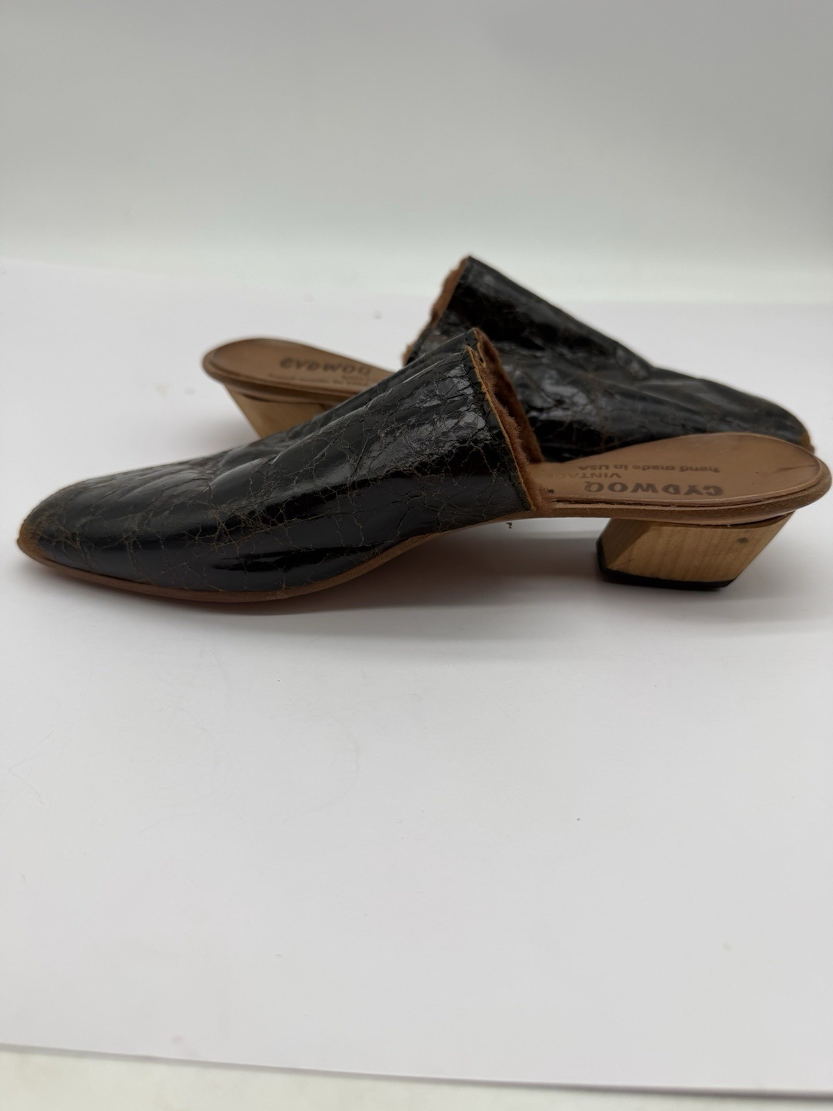 CYDWOQ Vintage Black Crackled Leather Mule Slides Heels EU 36 US 6 Handmade USA