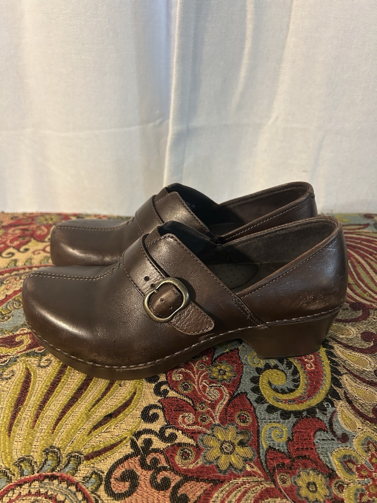 Dansko Brown Leather Mary Jane Buckle Strap Low Wedge Comfort Shoes Sz 6