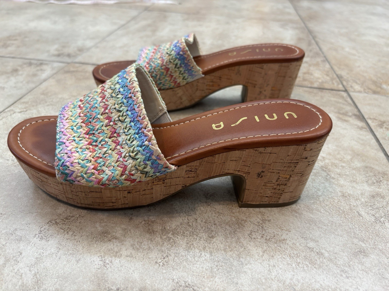 UNISA Women’s Raffia Slide Sandals Size 9.5 M Multicolor Woven Block Heel Mule