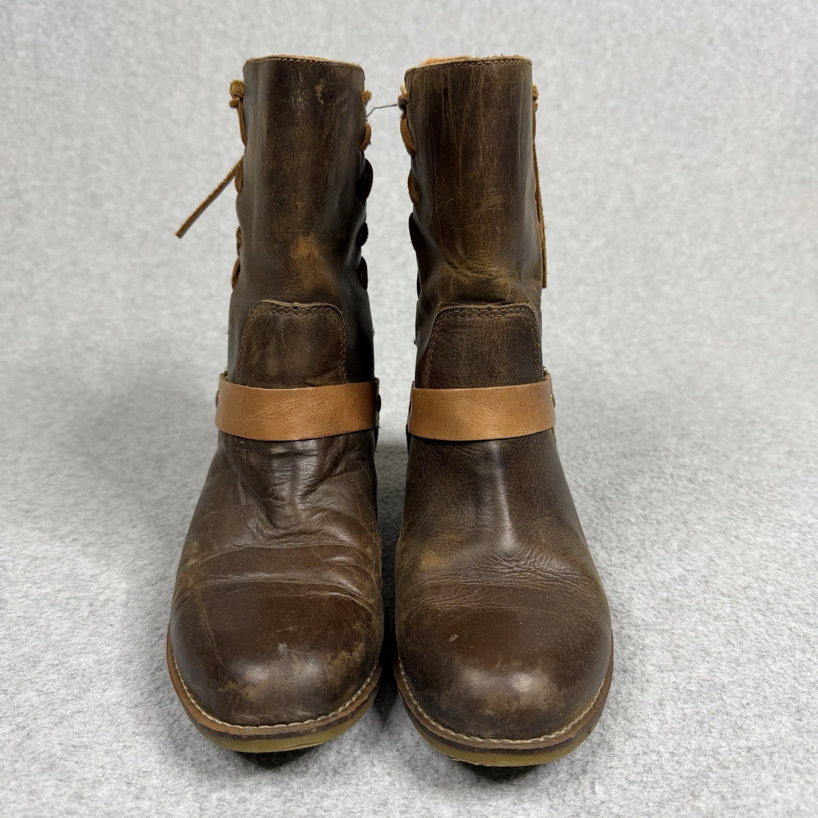 Latigo Thistle Boots Brown Leather Lace Up Side Harness Buckle Sz 6.5 M Two Tone