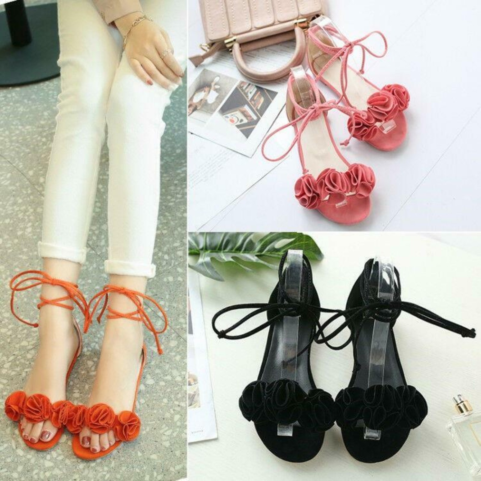 Women‘s Bohemia Flower Strappy Lace Up Sandals Flat Casual Shoes Plus Size