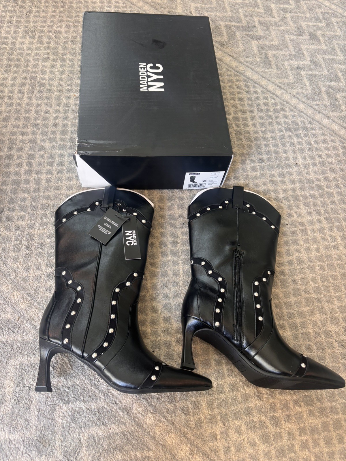 Steve Madden NYC Black Studded Western Style Heel Boot Woman’s Size 11 NIB