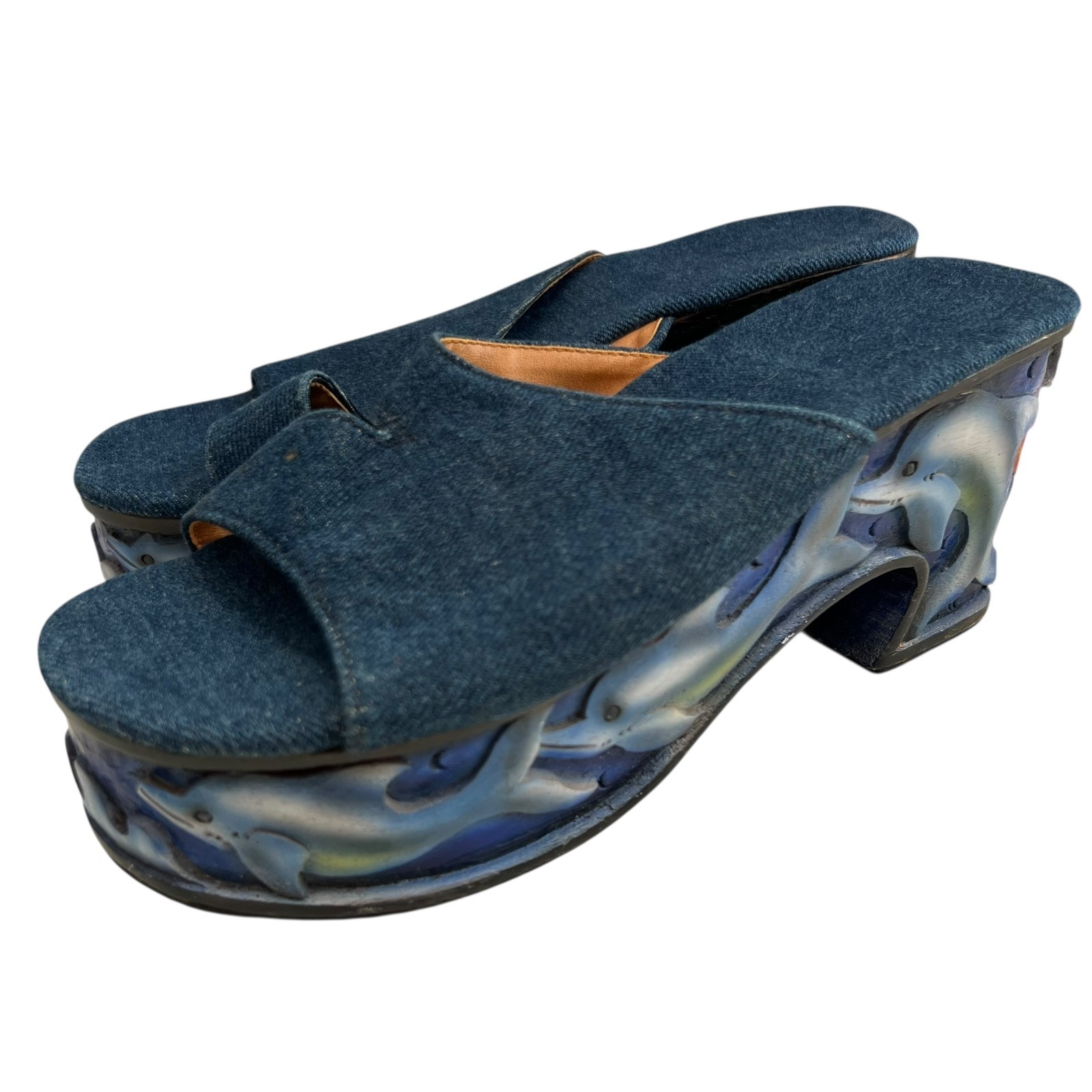 Vintage 90s platform sandals blue denim carved wood dolphins 40 slide chunky