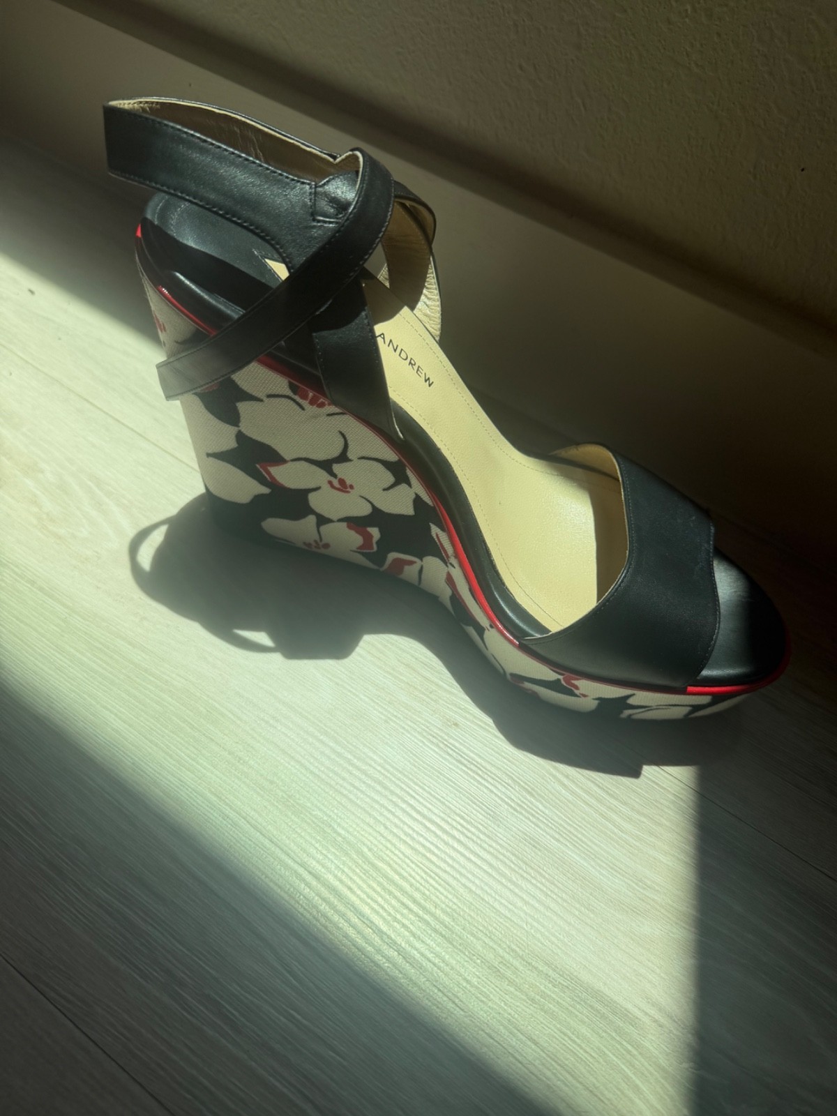 Paul Andrew Black Leather Floral Print Wedge Sandals Handmade in Italy Size 41